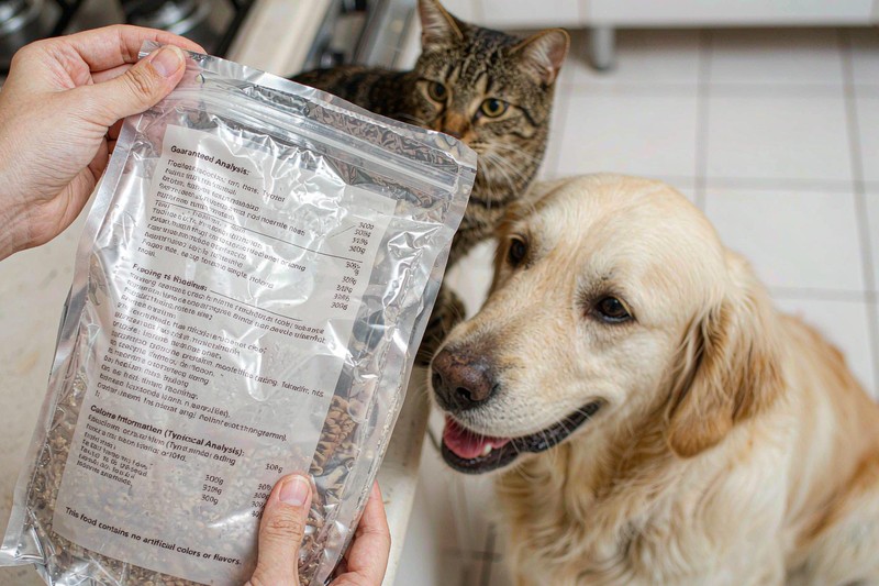主人和猫狗一起查看宠物粮配料表