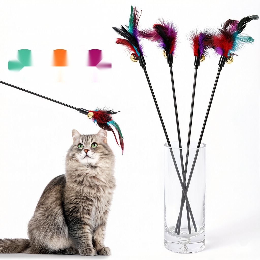 Colorful Feather Interactive Cat Wand with Bell Interactive Cat Wand 35cm Short Rod Interactive Cat Wand Cat Toy Factory - Image 10