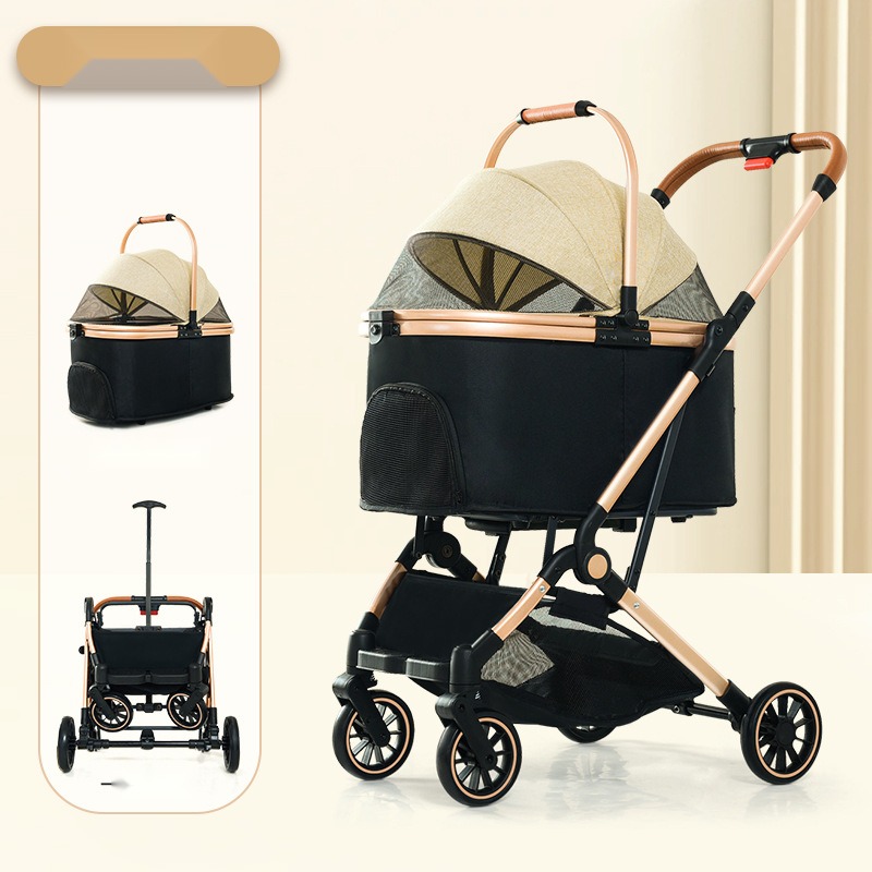 Pet Stroller Foldable Basket Dual-Use Four-Wheel Metal out Trolley Portable Travel Pet Car - Image 6
