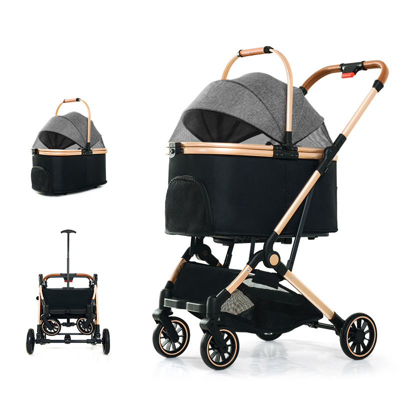 Pet Stroller Foldable Basket Dual-Use Four-Wheel Metal out Trolley Portable Travel Pet Car - Image 5