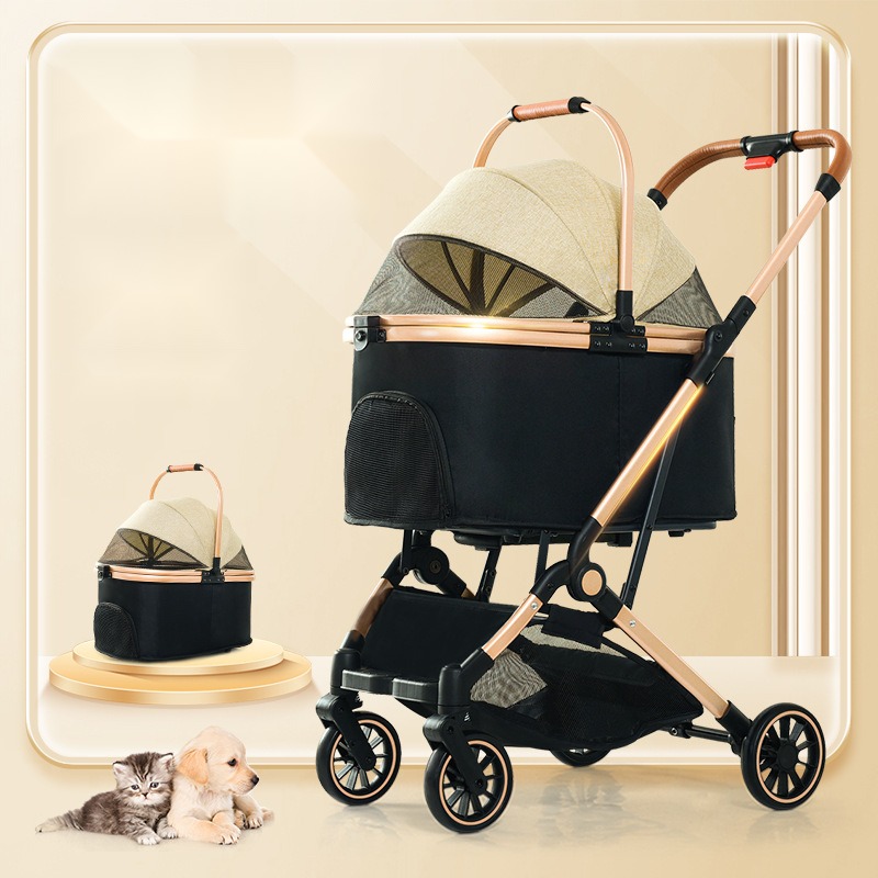 Pet Stroller Foldable Basket Dual-Use Four-Wheel Metal out Trolley Portable Travel Pet Car - Image 2