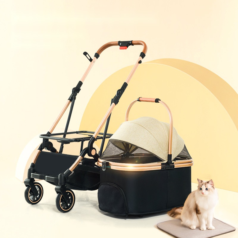 Pet Stroller Foldable Basket Dual-Use Four-Wheel Metal out Trolley Portable Travel Pet Car - Image 3